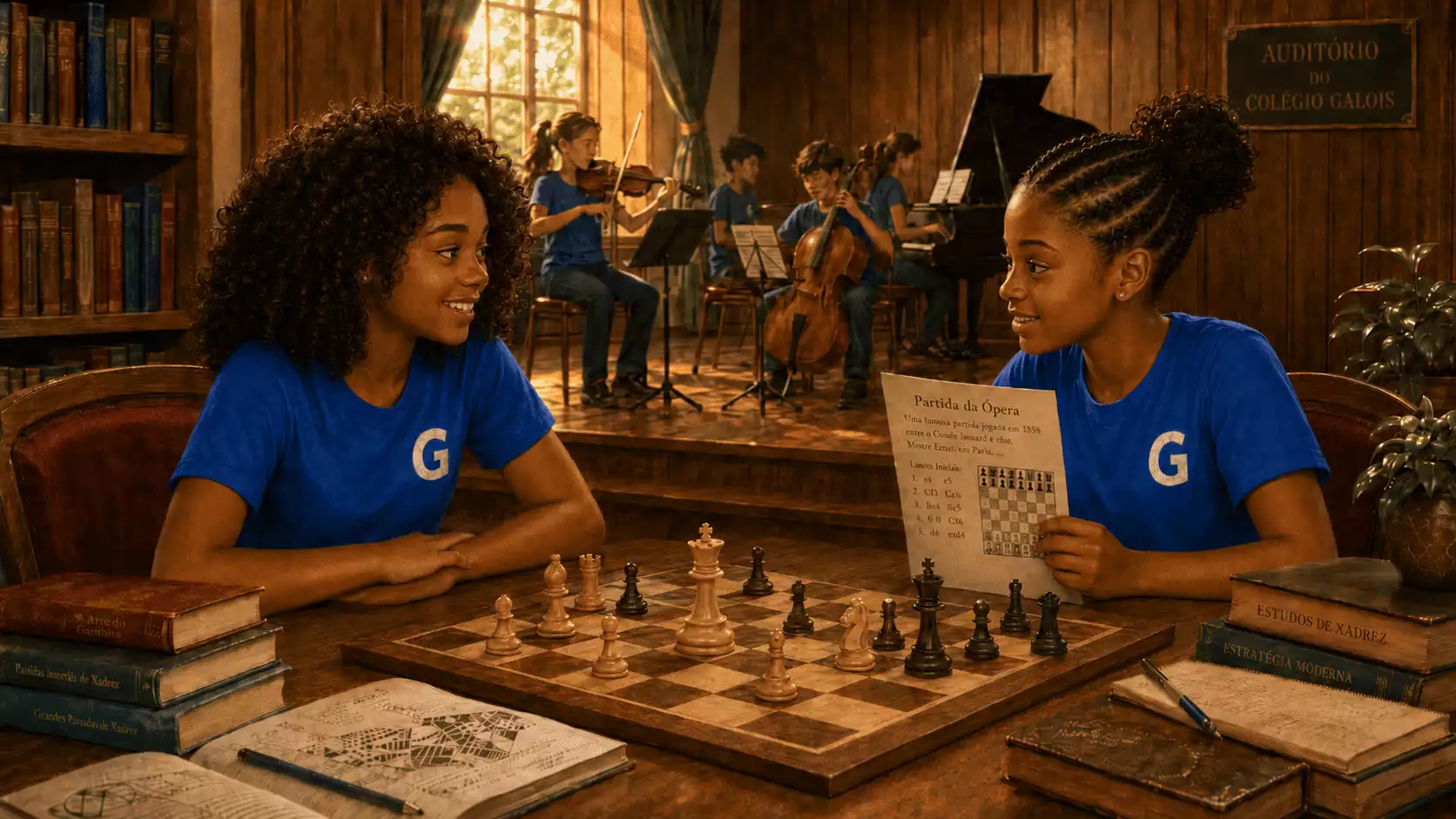Keyla e Rosana conversando sobre a Partida da Ópera no auditório do Colégio Galois