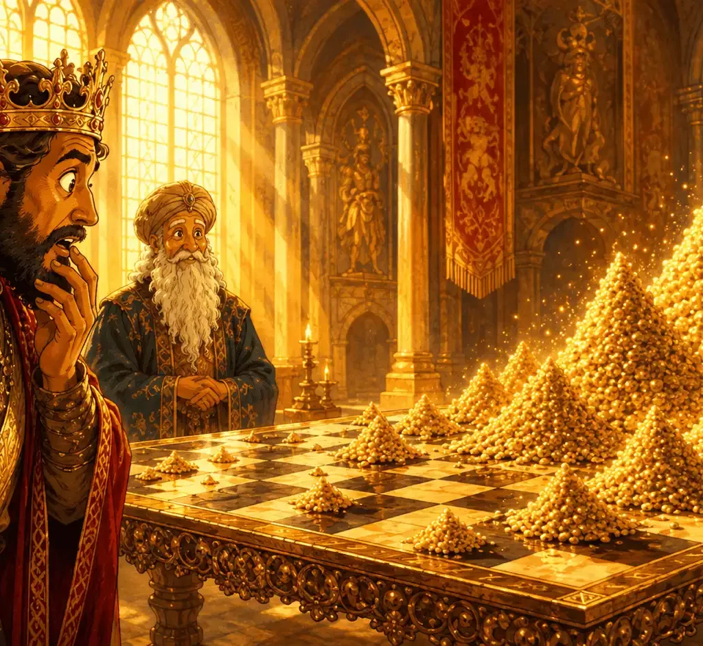 Ilustração da lenda de Sissa e o rei Shirham com grãos de trigo se multiplicando no tabuleiro de xadrez