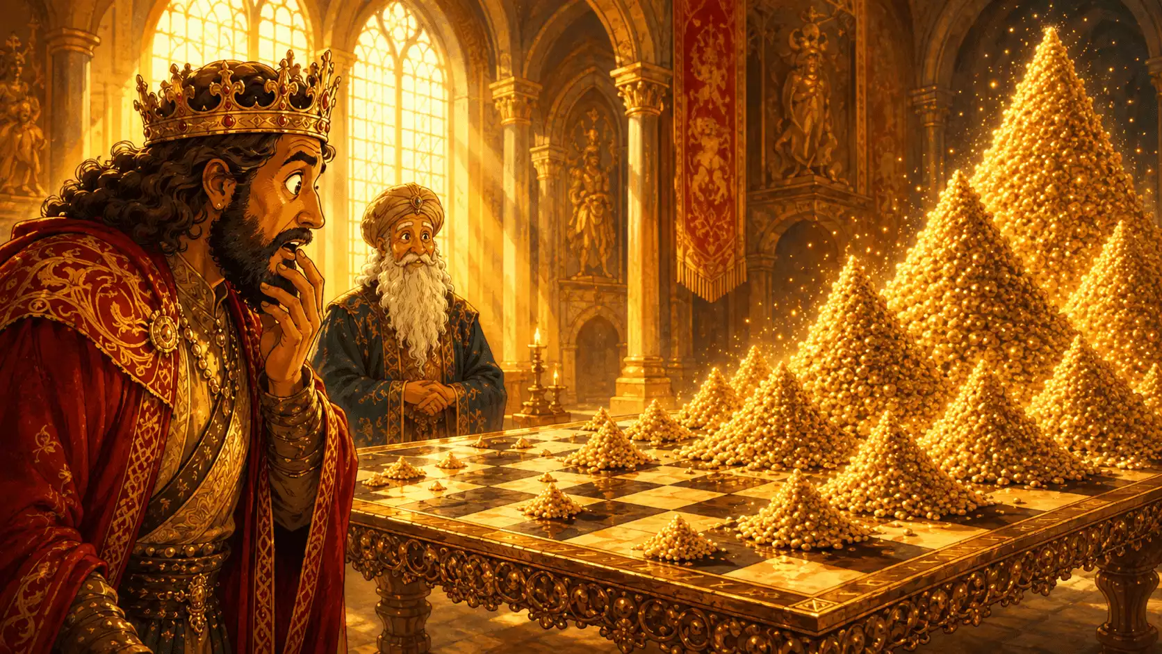 lenda-sissa-graos-trigo-xadrez-rei-shirham Ilustração da lenda de Sissa e o rei Shirham com grãos de trigo se multiplicando no tabuleiro de xadrez