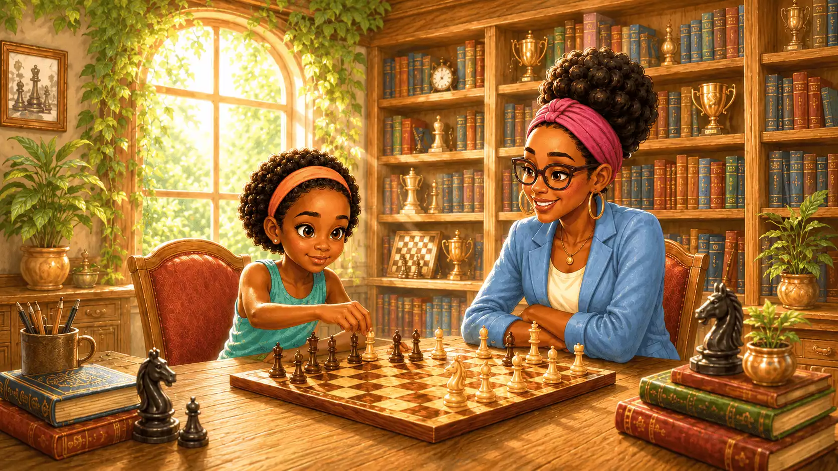 Marla e Glória iniciam uma partida de xadrez no clube Glória apontando para a curiosidade matemática da Lenda de Sissa e dos grãos de trigo