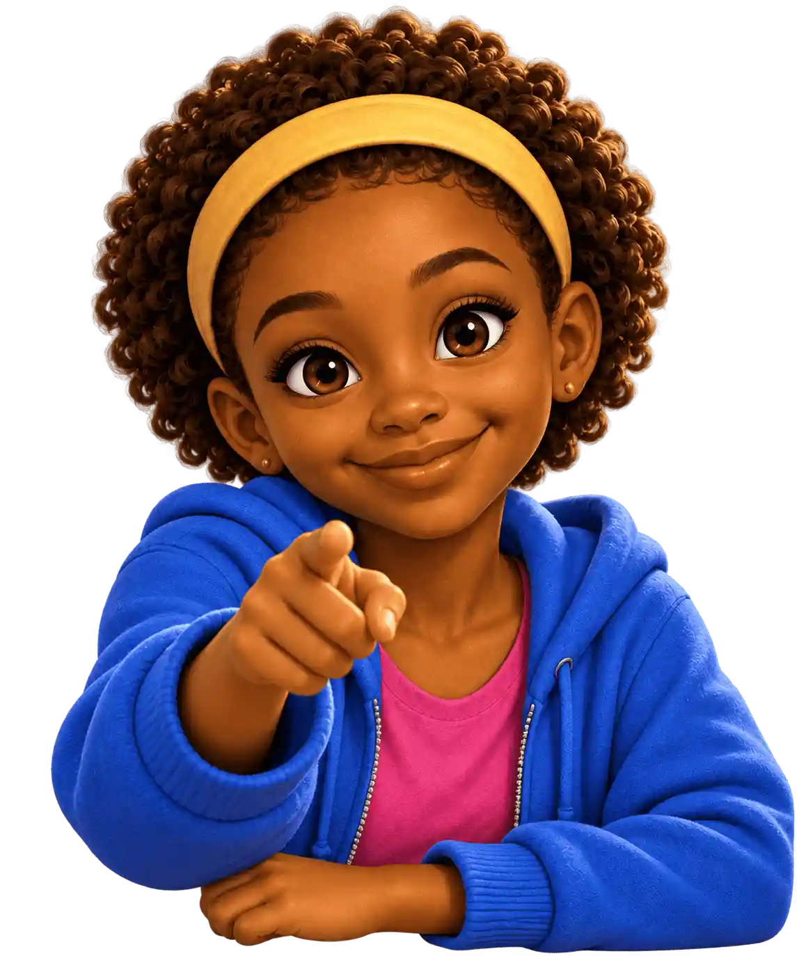 Glória, personagem do Xadrez Genial, apontando para o leitor diante de um tabuleiro de xadrez