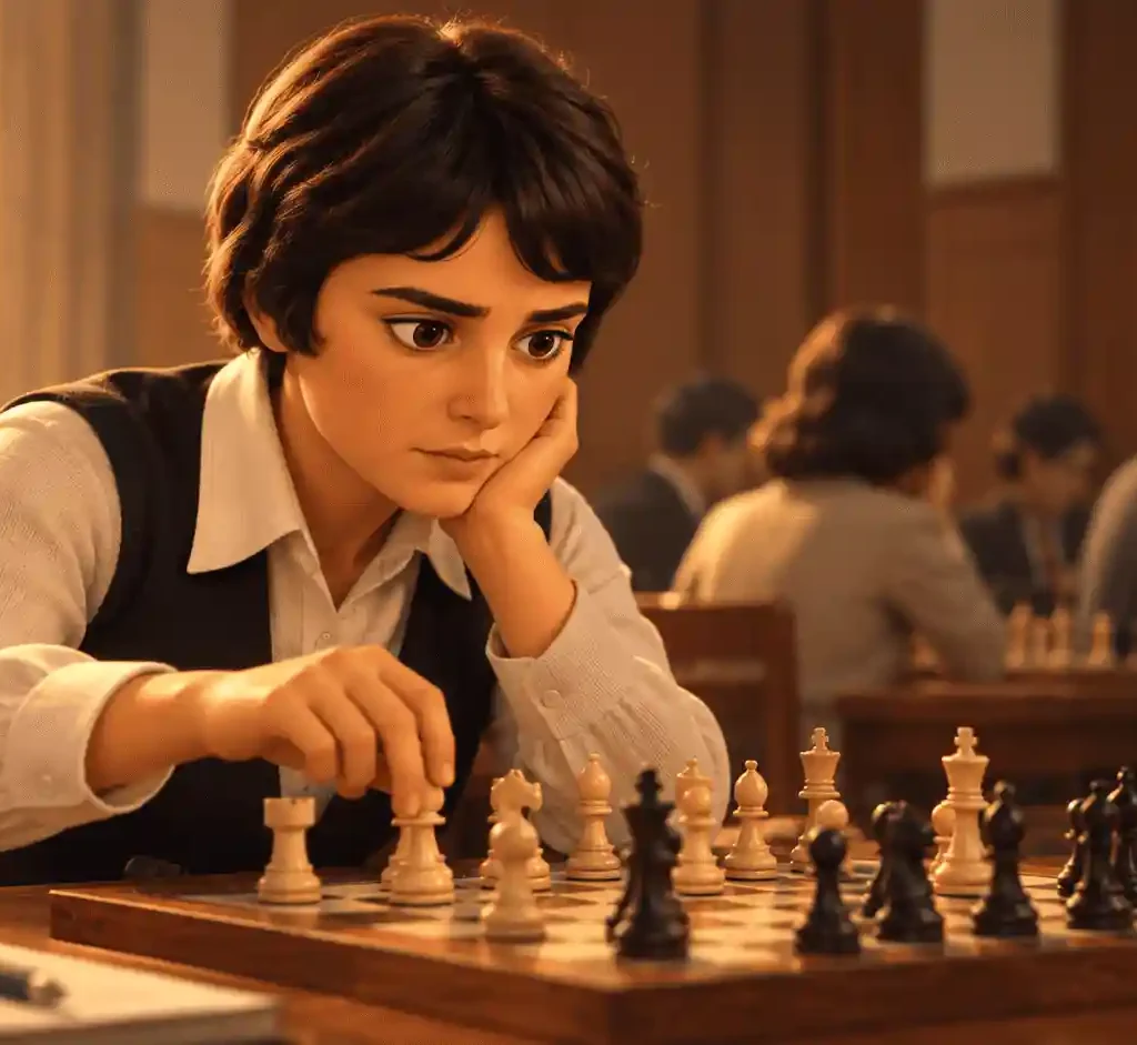 Nona Gaprindashvili jogando xadrez em representação ilustrativa