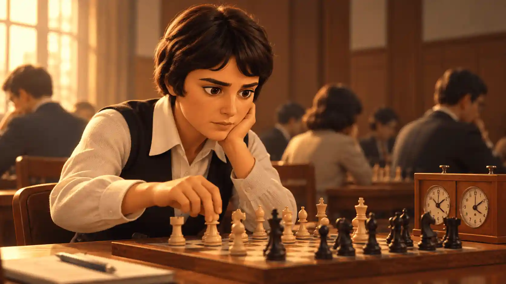 Nona Gaprindashvili jogando xadrez em representação ilustrativa