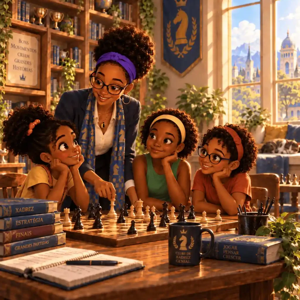 Professora Marla com Glória, Denise e outra aluna no Clube de Xadrez Genial